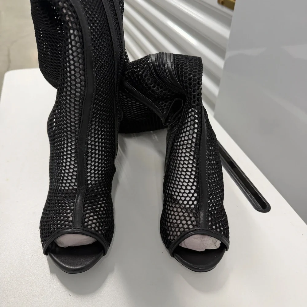 Bamboo Black Fishnet Mesh Thigh High Boots Rose Gold Block Heel Open Toe Size 8